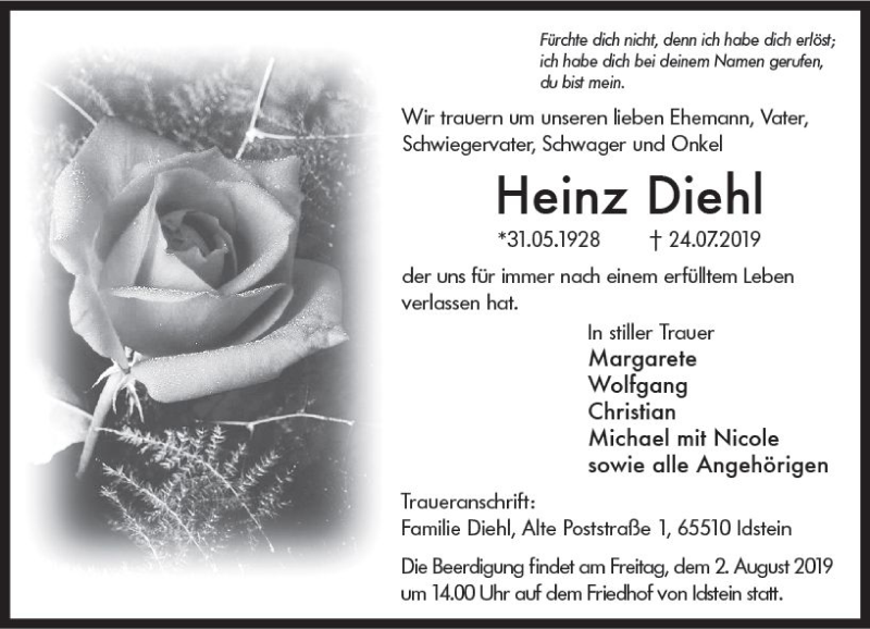  Traueranzeige für Heinz Diehl vom 30.07.2019 aus vrm-trauer