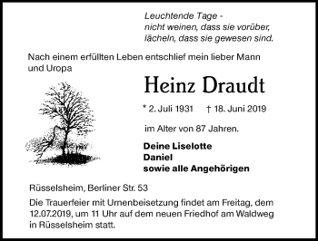 Traueranzeige von Heinz Draudt von vrm-trauer