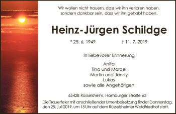 Traueranzeige von Heinz-Jürgen Schildge von vrm-trauer