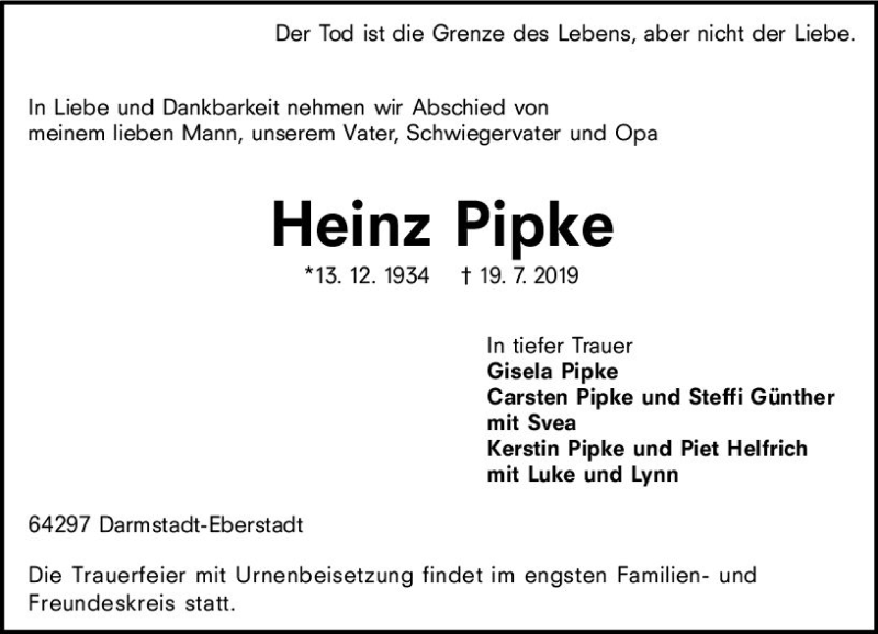  Traueranzeige für Heinz Pipke vom 27.07.2019 aus vrm-trauer