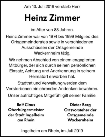 Traueranzeige von Heinz Zimmer von vrm-trauer