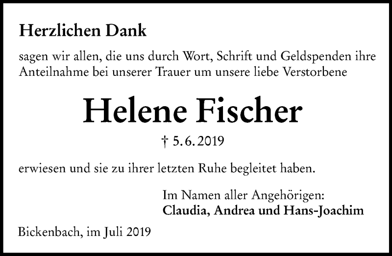  Traueranzeige für Helene Fischer vom 06.07.2019 aus vrm-trauer