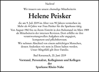 Traueranzeige von Helene Peisker von vrm-trauer