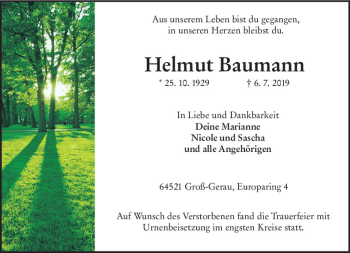 Traueranzeige von Helmut Baumann von vrm-trauer