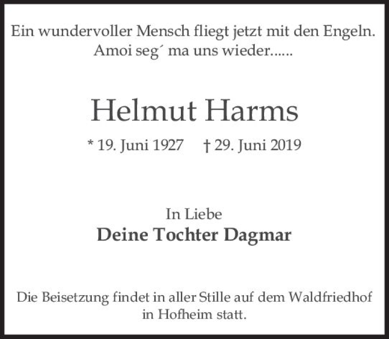  Traueranzeige für Helmut Harms vom 12.07.2019 aus vrm-trauer