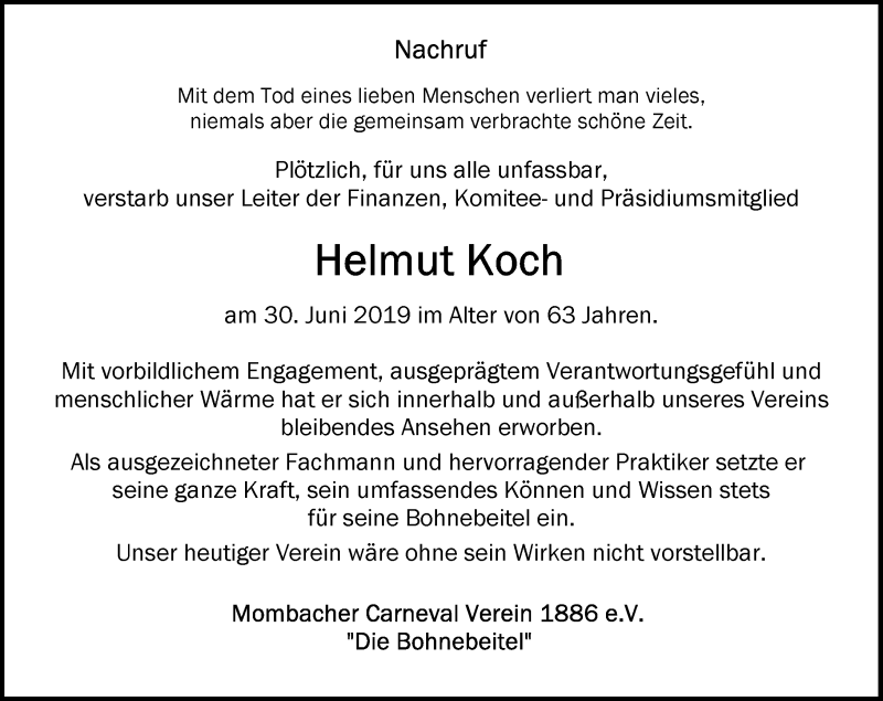  Traueranzeige für Helmut Koch vom 06.07.2019 aus vrm-trauer