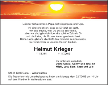 Traueranzeige von Helmut Krieger von vrm-trauer
