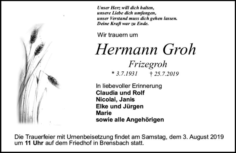  Traueranzeige für Hermann Groh vom 31.07.2019 aus vrm-trauer