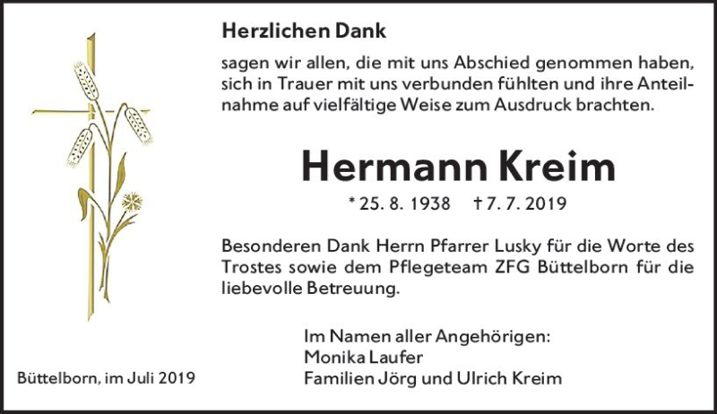  Traueranzeige für Hermann Kreim vom 27.07.2019 aus vrm-trauer