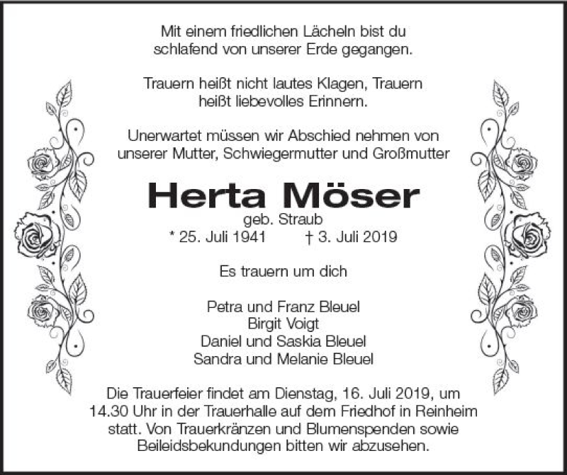  Traueranzeige für Herta Möser vom 13.07.2019 aus vrm-trauer