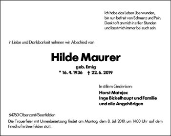 Traueranzeige von Hilde Maurer von vrm-trauer