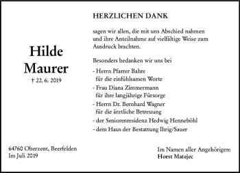 Traueranzeige von Hilde Maurer von vrm-trauer