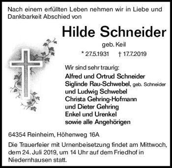 Traueranzeige von Hilde Schneider von vrm-trauer
