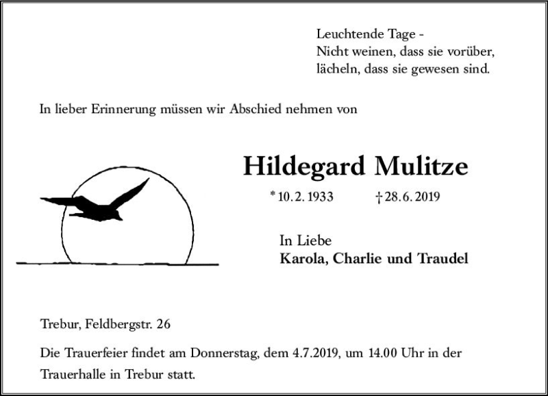  Traueranzeige für Hildegard Mulitze vom 03.07.2019 aus vrm-trauer