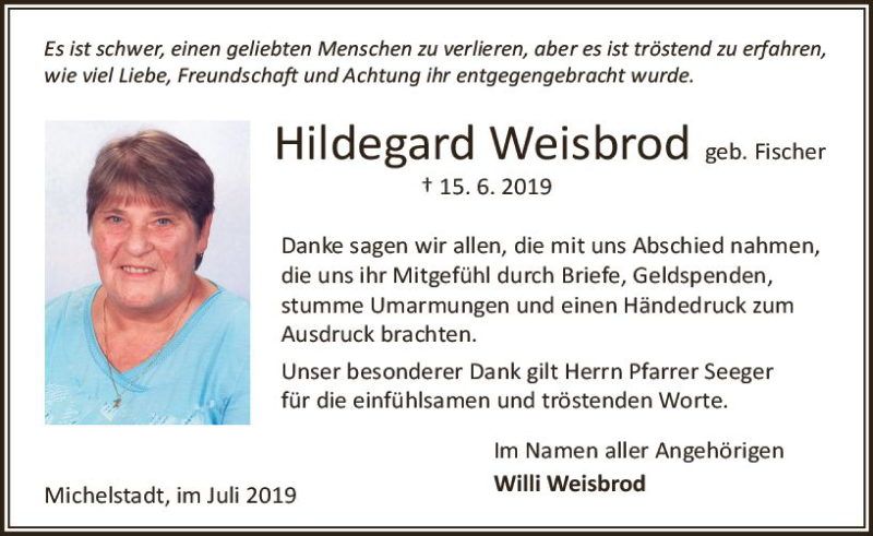  Traueranzeige für Hildegard Weisbrod vom 20.07.2019 aus vrm-trauer