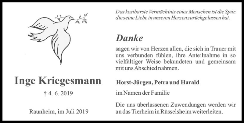  Traueranzeige für Inge Kriegesmann vom 13.07.2019 aus vrm-trauer