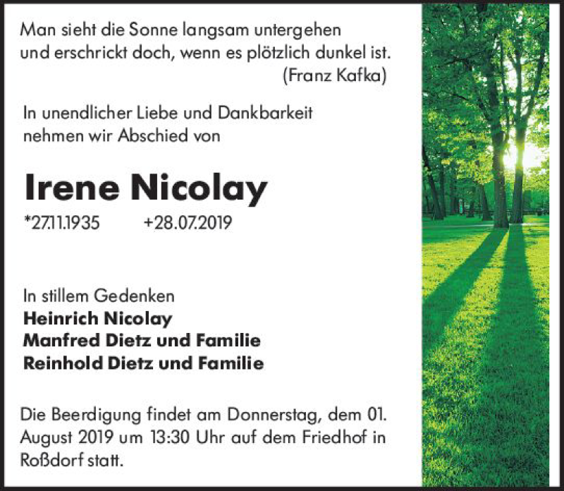  Traueranzeige für Irene Nicolay vom 30.07.2019 aus vrm-trauer