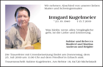 Traueranzeige von Irmgard Kugelmeier von vrm-trauer