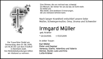 Traueranzeige von Irmgard Müller von vrm-trauer