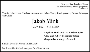 Traueranzeige von Jakob Mink von  HA - Hinterländer Anzeiger ()
