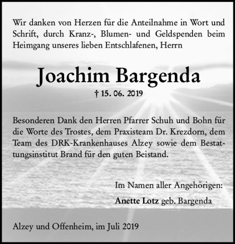  Traueranzeige für Joachim Bargenda vom 27.07.2019 aus vrm-trauer