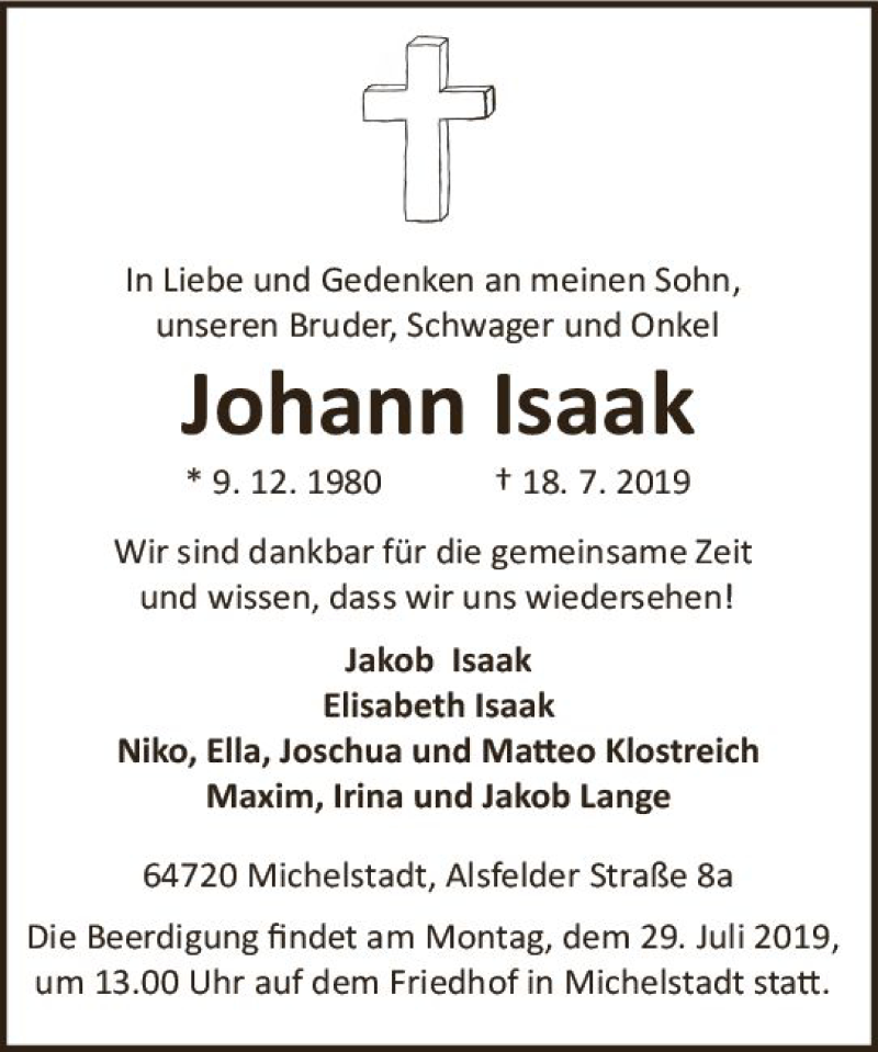  Traueranzeige für Johann Isaak vom 27.07.2019 aus vrm-trauer