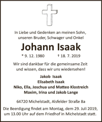 Traueranzeige von Johann Isaak von vrm-trauer