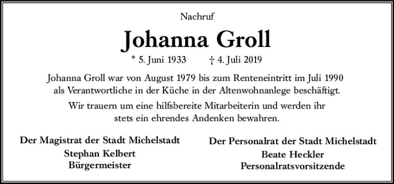  Traueranzeige für Johanna Groll vom 13.07.2019 aus vrm-trauer