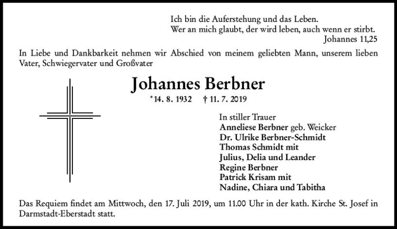  Traueranzeige für Johannes Berbner vom 13.07.2019 aus vrm-trauer