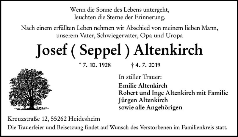  Traueranzeige für Josef Altenkirch vom 13.07.2019 aus vrm-trauer