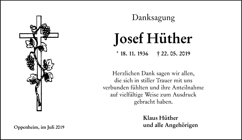  Traueranzeige für Josef Hüther vom 06.07.2019 aus vrm-trauer