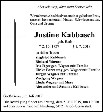 Traueranzeige von Justine Kabbasch von vrm-trauer