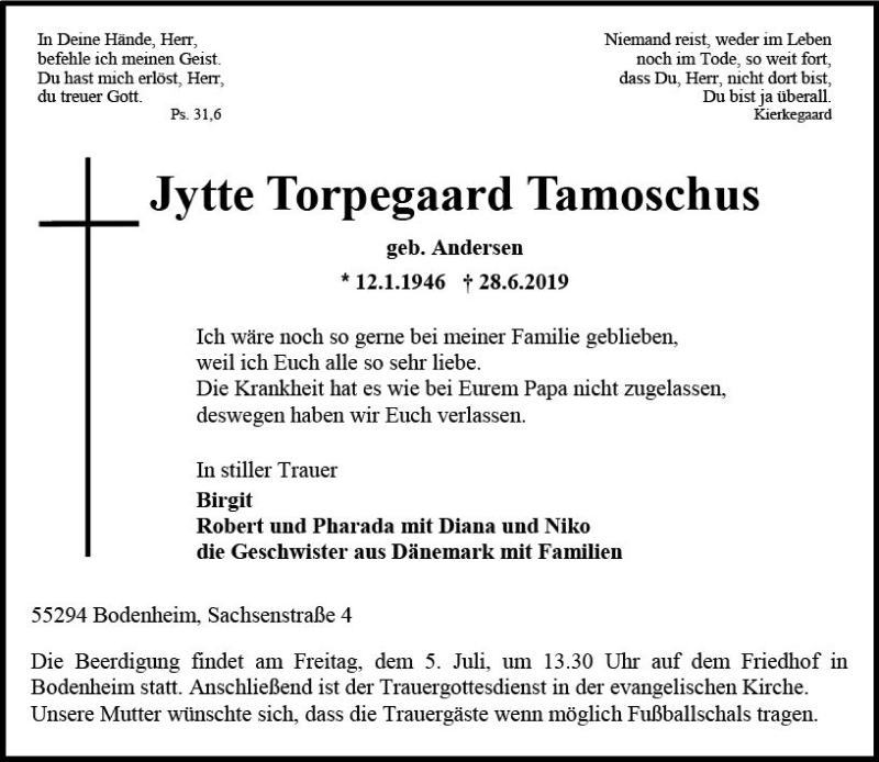 Traueranzeige für Jytte Torpegaard Tamoschus vom 02.07.2019 aus vrm-trauer