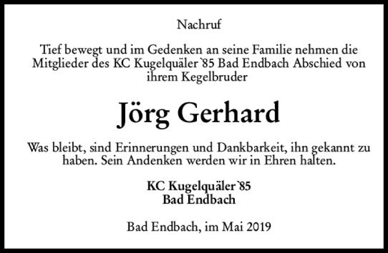  Traueranzeige für Jörg Gerhard vom 22.05.2019 aus  HA - Hinterländer Anzeiger ()