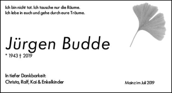 Traueranzeige von Jürgen Budde von vrm-trauer