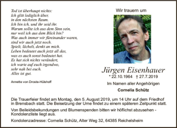 Traueranzeige von Jürgen Eisenhauer von vrm-trauer