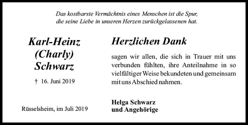  Traueranzeige für Karl-Heinz Schwarz vom 13.07.2019 aus vrm-trauer