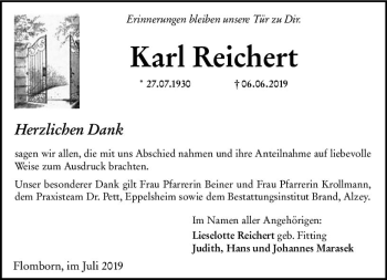 Traueranzeige von Karl Reichert von vrm-trauer