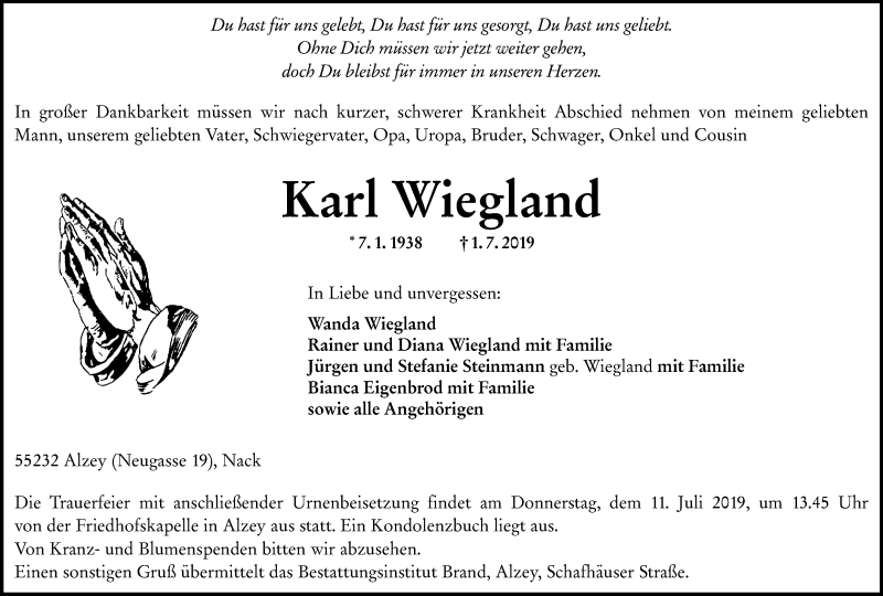  Traueranzeige für Karl Wiegland vom 06.07.2019 aus vrm-trauer