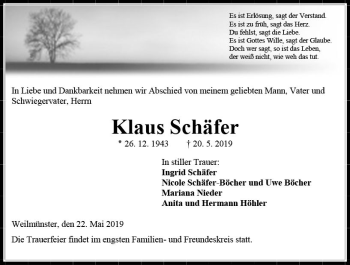 Traueranzeige von Klaus Schäfer von  WBT - Weilburger Tageblatt ()
