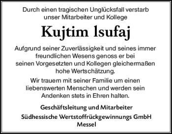 Traueranzeige von Kujtim lsufaj von vrm-trauer