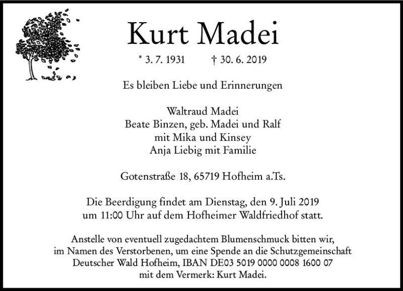  Traueranzeige für Kurt Madei vom 05.07.2019 aus vrm-trauer