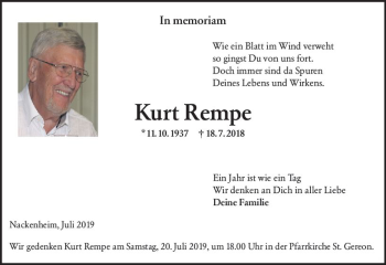 Traueranzeige von Kurt Rempe von vrm-trauer