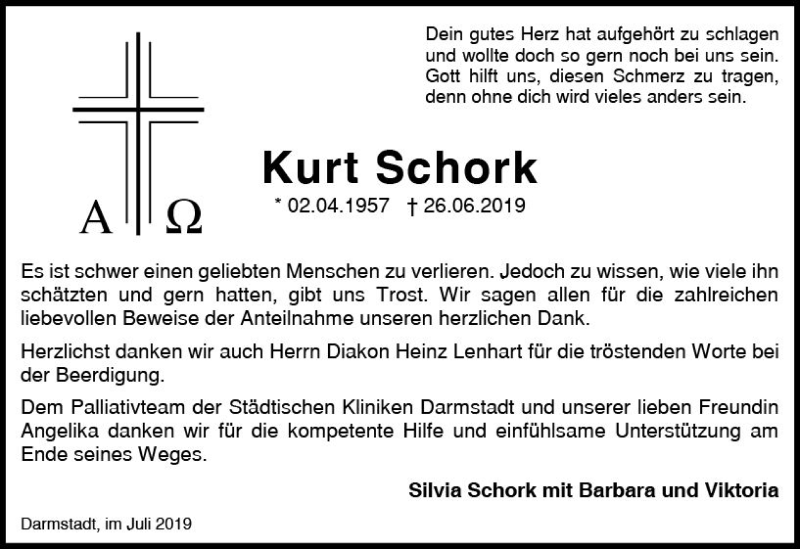  Traueranzeige für Kurt Schork vom 20.07.2019 aus vrm-trauer