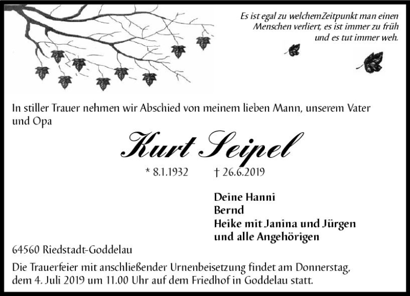  Traueranzeige für Kurt Seipel vom 03.07.2019 aus vrm-trauer