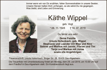 Traueranzeige von Käthe Wippel von vrm-trauer