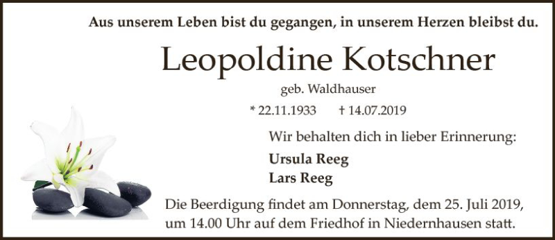  Traueranzeige für Leopoldine Kotschner vom 22.07.2019 aus vrm-trauer