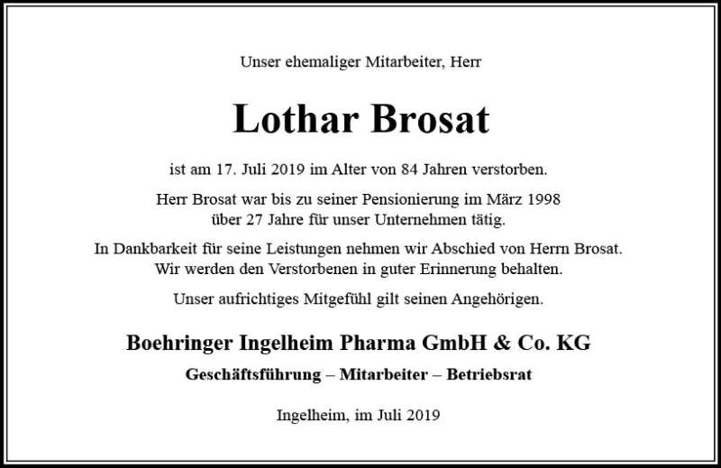  Traueranzeige für Lothar Brosat vom 27.07.2019 aus vrm-trauer