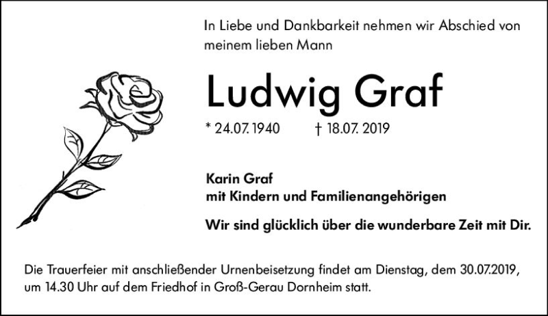  Traueranzeige für Ludwig Graf vom 27.07.2019 aus vrm-trauer