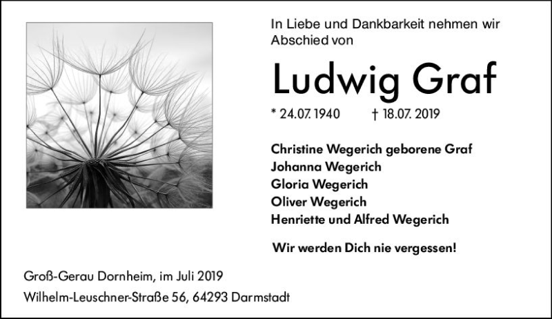  Traueranzeige für Ludwig Graf vom 27.07.2019 aus vrm-trauer